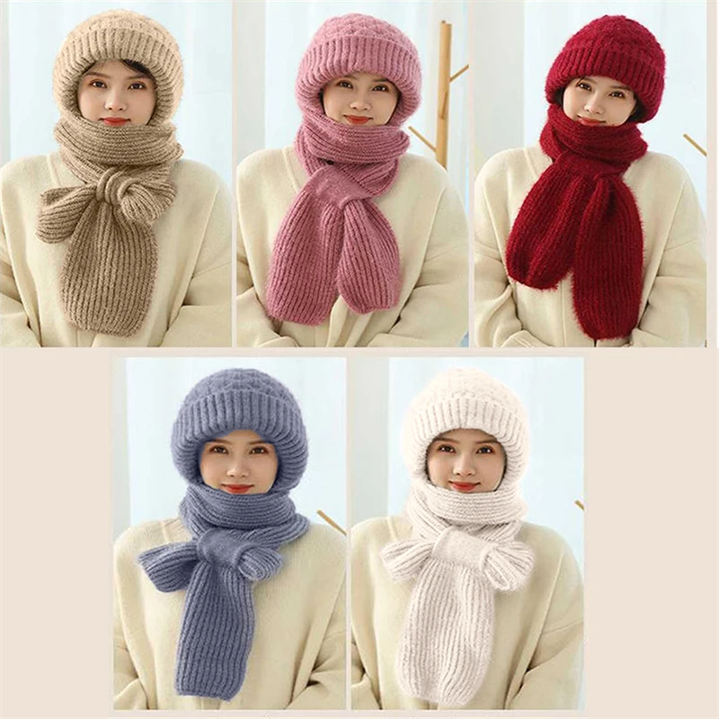 Winter Thermal 3 In 1 Hat Loebke Integrated Windproof Pullover Hat Hooded Scarf For Women Mask Scarf Plush Lining Knitted Hat smile