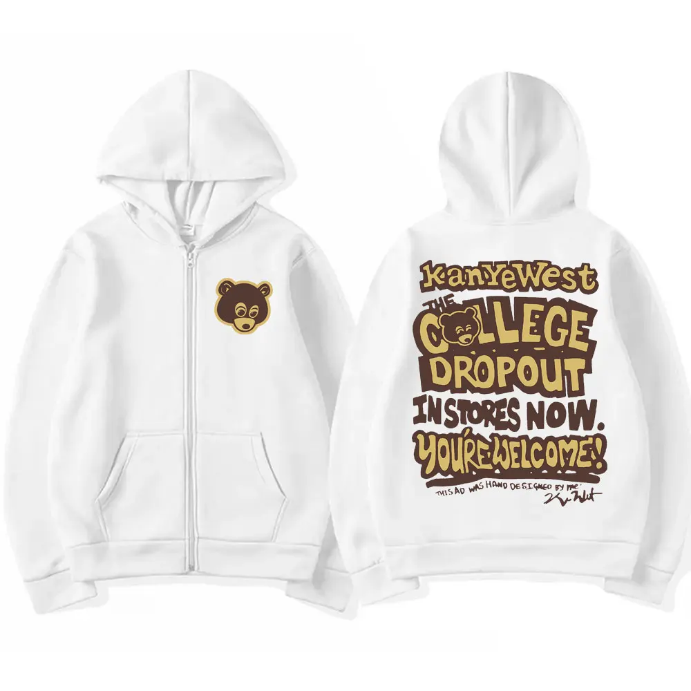 Kanye West The College Dropout Graphic Zipper Hoodie Men Women Hip Hop Vintage Hoodies Male Fleece Oversized Zip Up Jacket Coat