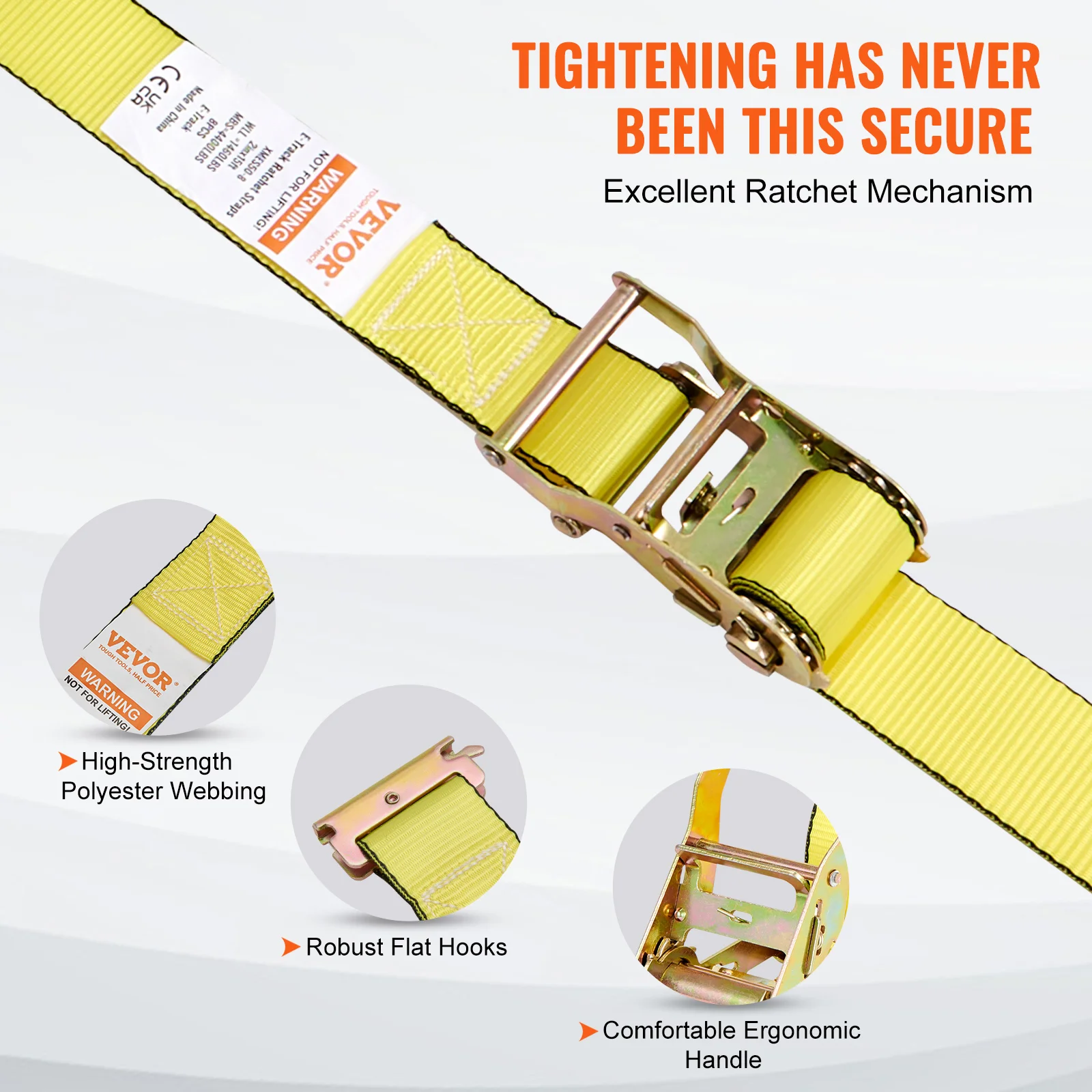 VEVOR 8pcs 4400Lbs Ratchet Tie Down Straps E-Track Heavy Duty Strap with Hook Loop for Moving Securing Cargo Lawn Equipment
