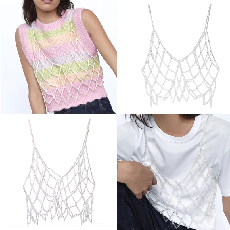 Delicate Beaded Crop Top for Woman Rhinestone/ Pearl Beaded Camisole Vest Sexy Body Chain Woman Seaside Party Decors