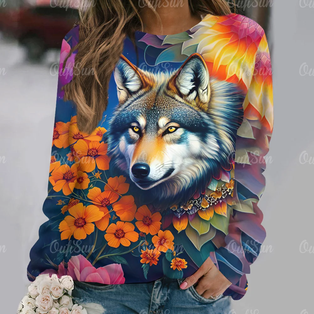 Women's T-Shirt 3D Wolf 2025 Print T Shirts for new Women O Neck Streetwear Ladies Sweater Autumn 2024 New Long Sleeve Pullover Clothes