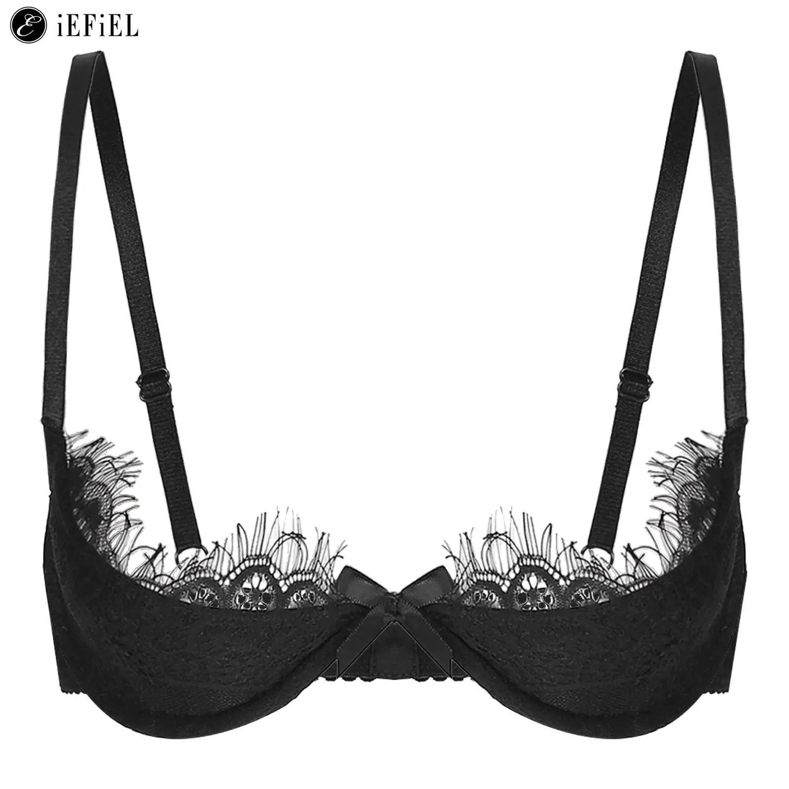 Women's See Through Lace 1/4 Cups Shelf Bra Eyelash Push Up Underwire Bralette Unlined Balconette Brassiere Underwear