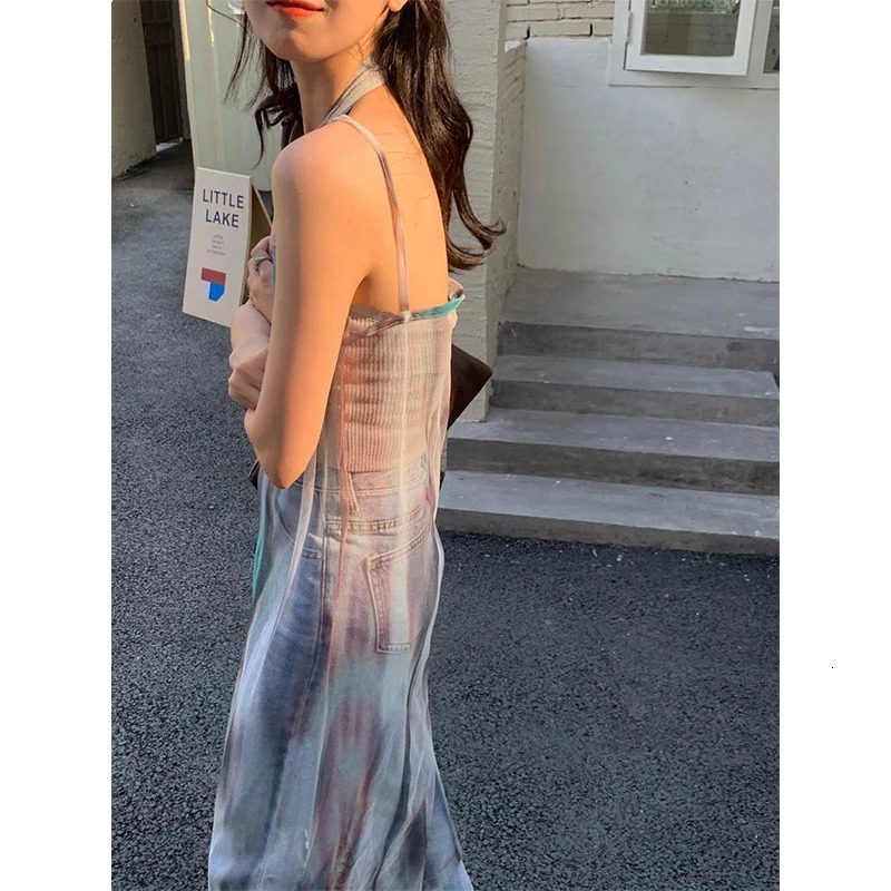 MEXZT Y2K Tie Dye Tulle Sheer Dress Women Sexy Spaghetti Strap Midi Dress Streetwear Harajuku Mesh See Through Loose Sundress 240319