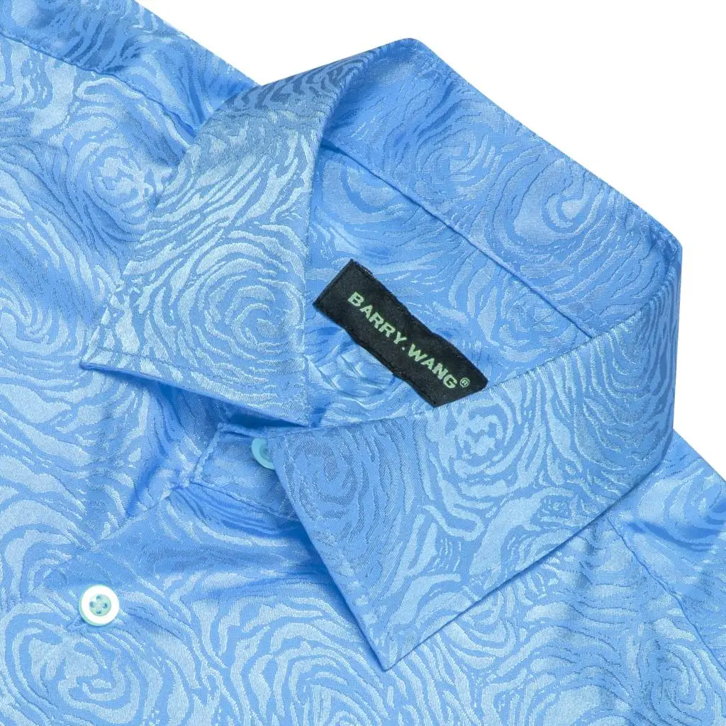 Shirts for Men Silk Satin Sky Blue new Solid Long Sleeve Male Blouses Casual Lapel Tops Breathable Streetwear 2025 Barry Wang
