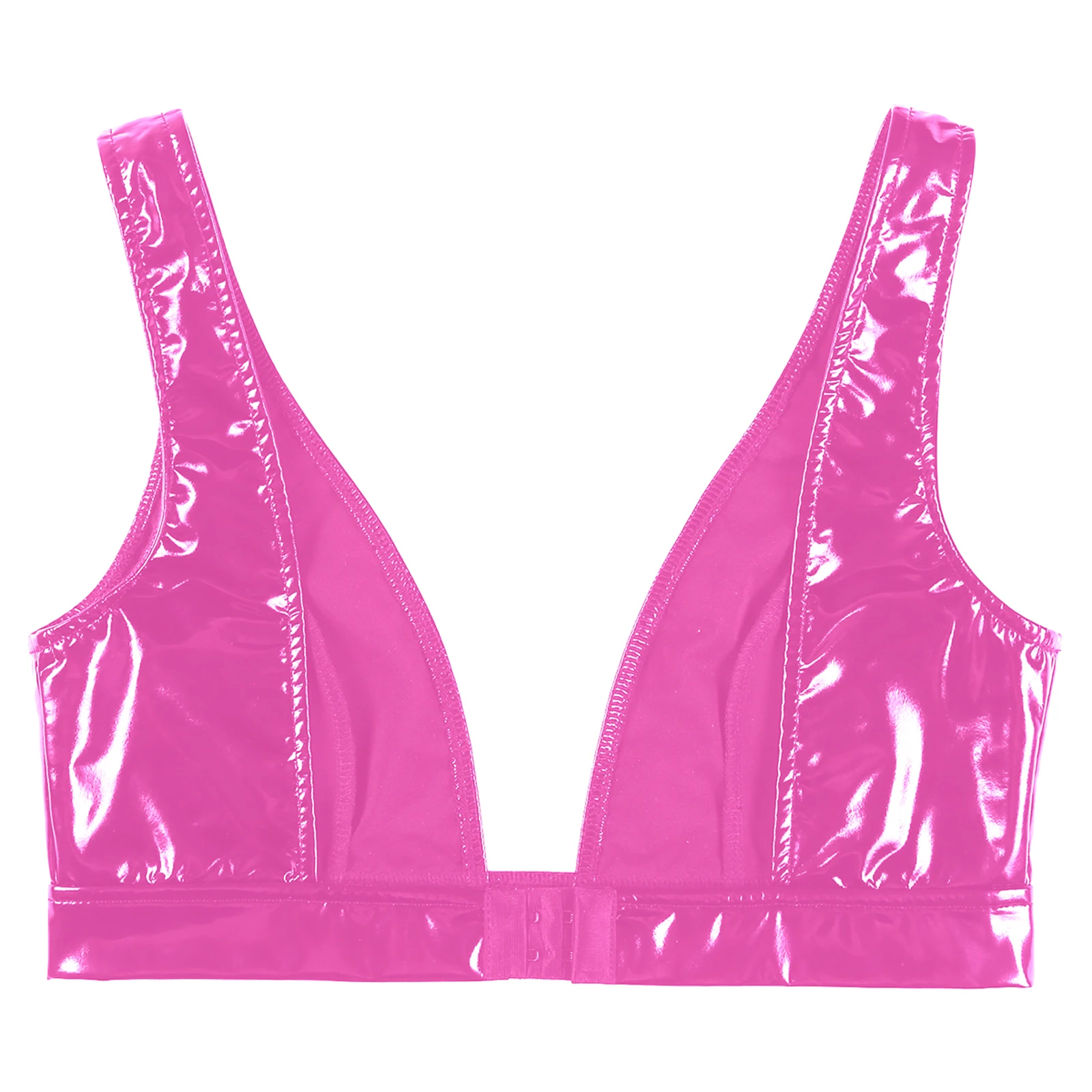 Sexy Womens Push Up Bra Tops Wide Shoulder Strap Lingerie Bra Top Wet Look Patent Leather Low-Cut Crop Tank Top Vest Clubwear