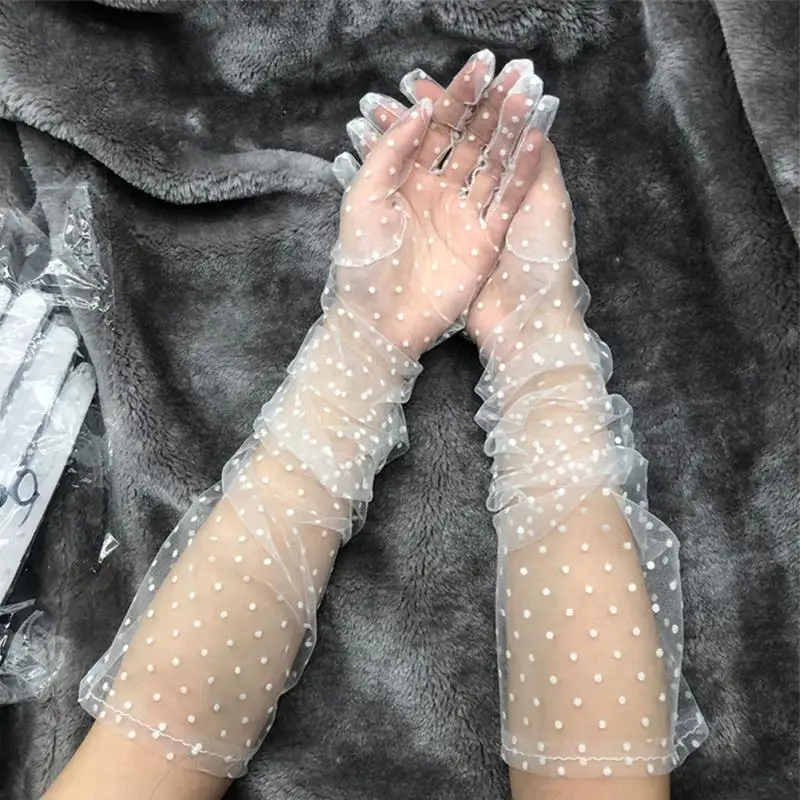Spring Summer Women Gloves White Black Dot Weeding Gloves Elegant Lady Stretchy Sexy Lace Short Tulle Full Finger Mittens smile