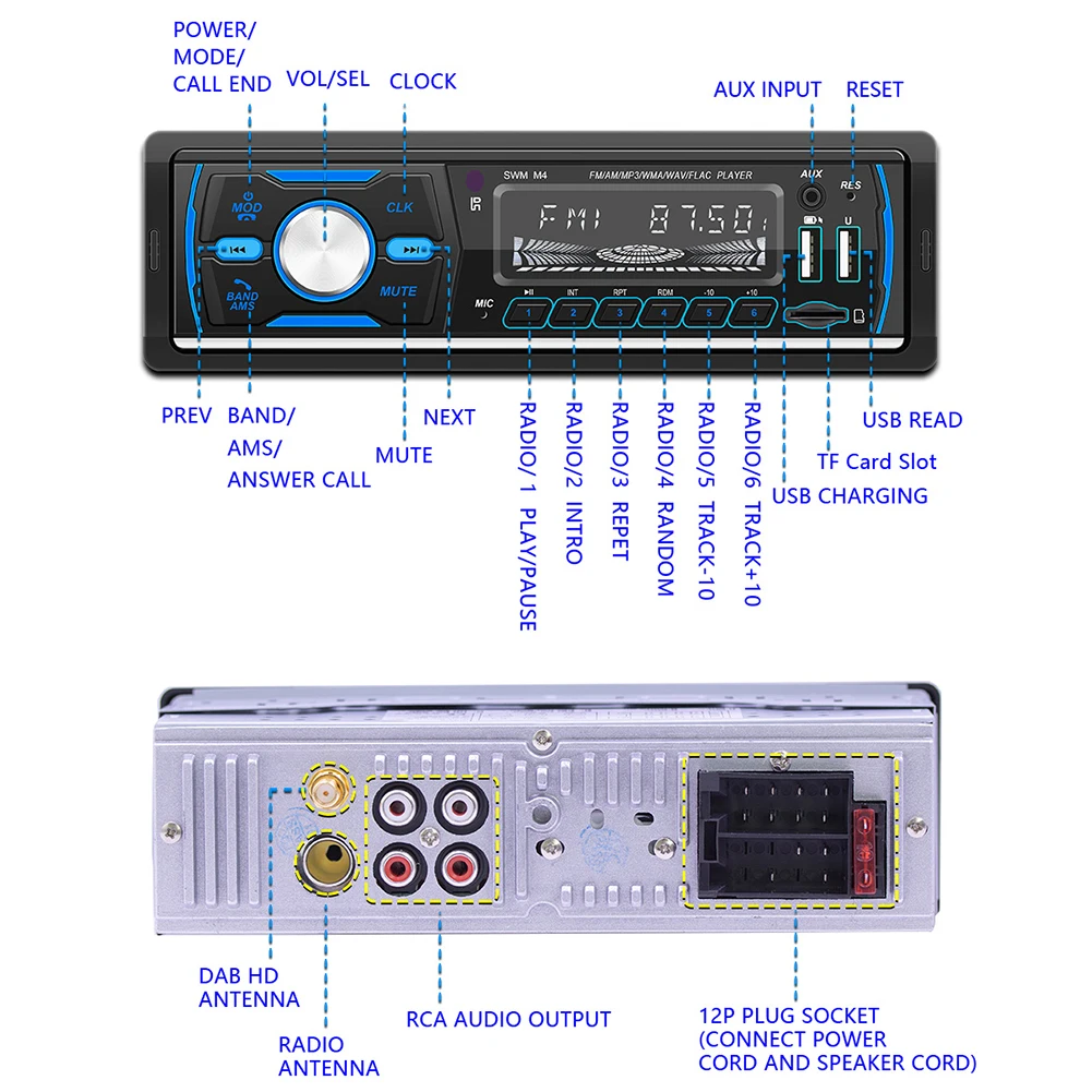 RDS DAB+ Digital Car Radio 1Din MP3 Player Dual USB Digital Bluetooth USB TF Charge Auto Stereo Support FM AM DAB AUX RCA USB SD