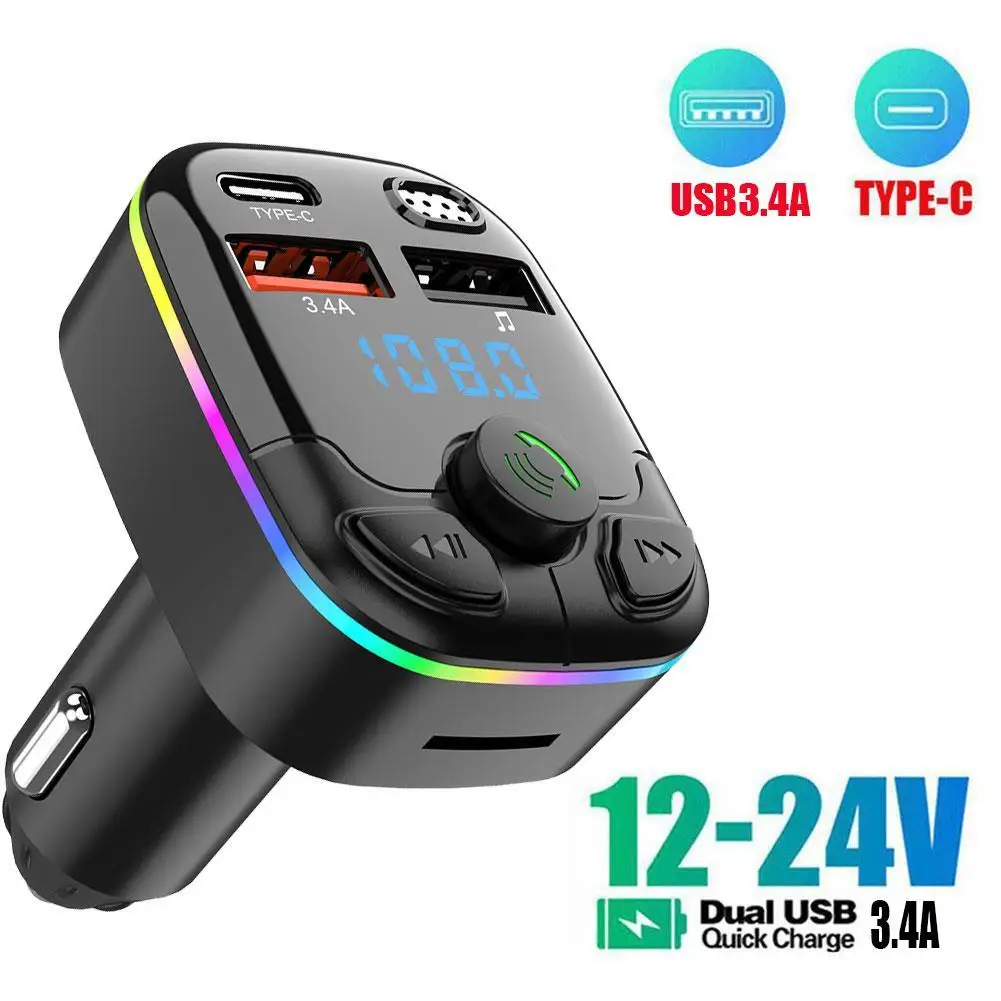 Car FM Transmitter 5.0 PD Type-C Dual USB 3.1A Fast Charger Colorful Ambient Light Handsfree MP3 Modulator Player Car BT Player