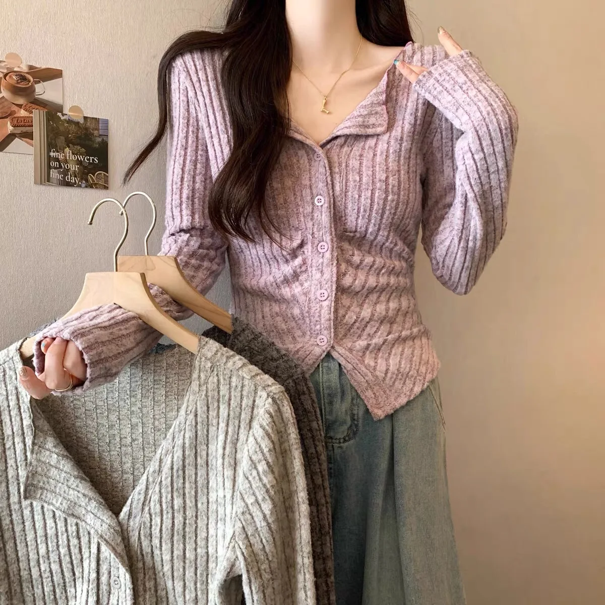 Sexy Knit Cardigan Women Long Sleeve Collar Sweater Autumn Korean Soft Slim Fit V Neck Knitwears Y2k Jumper Cropped Tops
