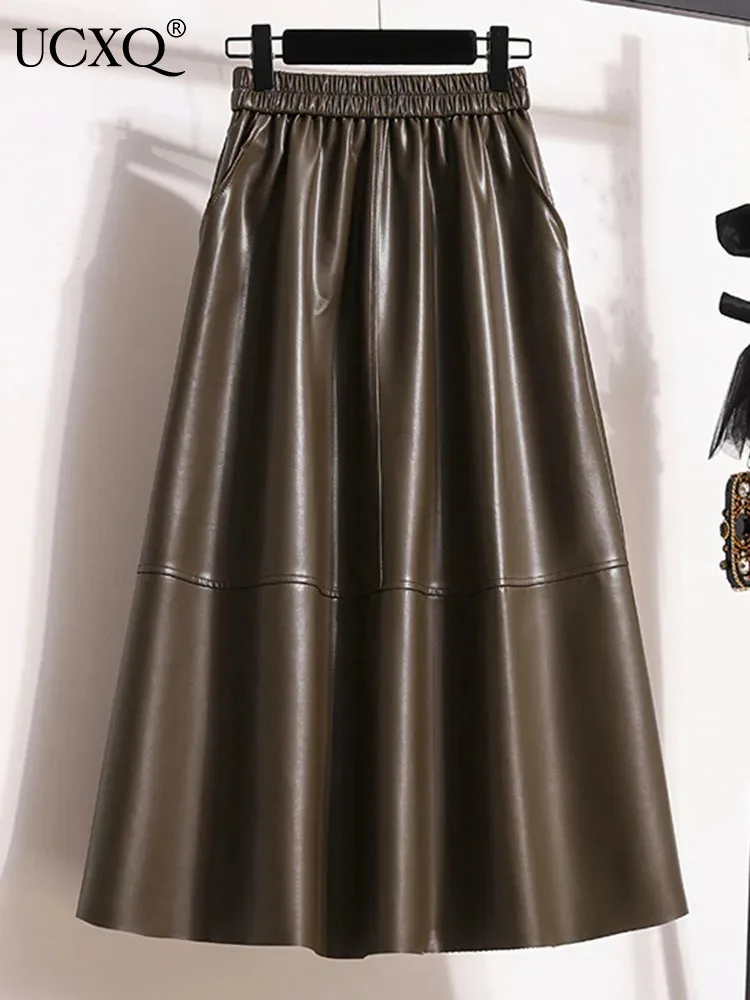UCXQ Oversized Streetwear Women's New PU Leather Skirts Female Casual Elastic High Waist Half Skirt 2024 Spring Autumn 23A7113