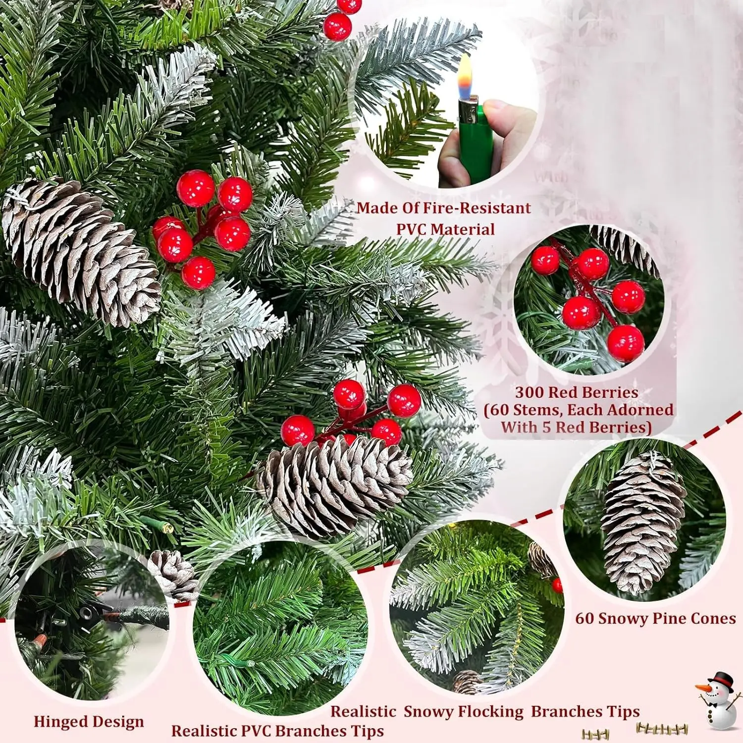 5ft/4ft Artificial Christmas Tree 150cm/120cm Snowy Flocked Xmas Tree with Red Berries Pine Cone Metal Base