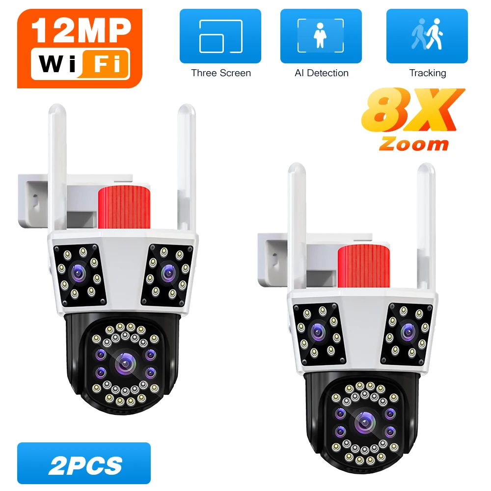 6K 12MP WIFI IP HD Outdoor Camera PTZ 8X Zoom Waterproof Cam Three Lens Three Screens CCTV Video Camera Security Protection