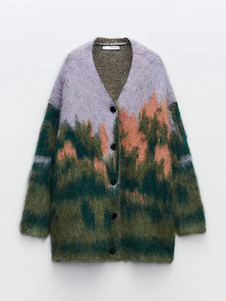 Vintage Contrast Color Mohair Cardigan for Women Oversized V Neck Single Breasted Wool Pullover Winter lady Long Sleeve Sweater