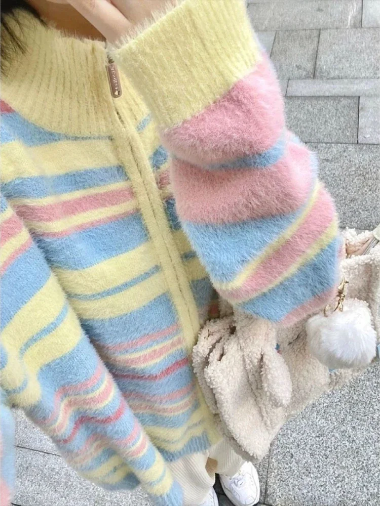 Deeptown Y2K Aesthetic Vintage Striped Knitted Cardigan Women Harajuku Kpop Zipper Oversized Sweater Korean Sweet All-match Tops