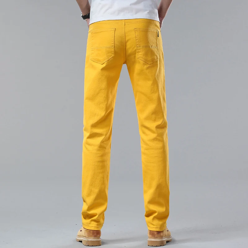 Trendy Men Handsome Denim Jeans Straight Slim Casual Pants Red Yellow Pink Solid Color Party Hip Hop Brand Dropship