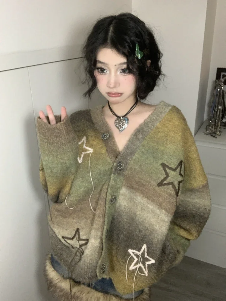 Deeptown Vintage Star Knitted Cardigan Women Harajuku Autumn Winter Oversized Sweater Retro Embroidery Tops Fairycore Aesthetic