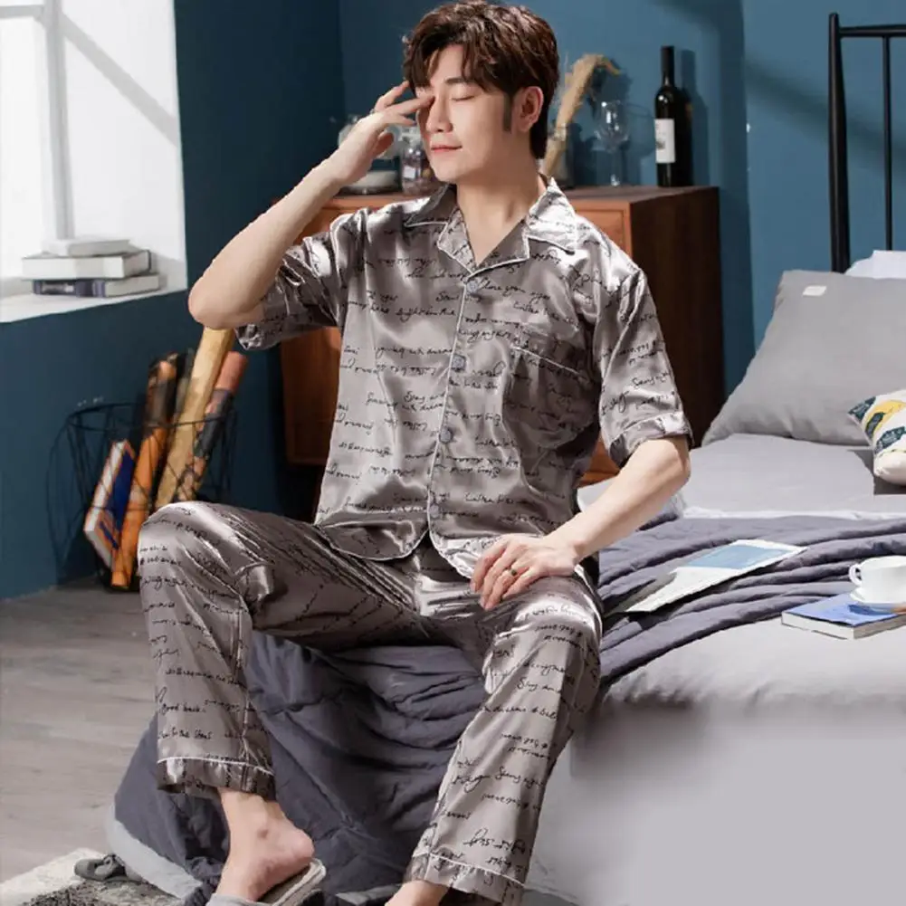 2 Pcs/Set Short Sleeves Men Summer Pamas Letter Print Loose Striped Men 2025 Night Clothes Ice Silk Turn-down new Collar Men Homewear