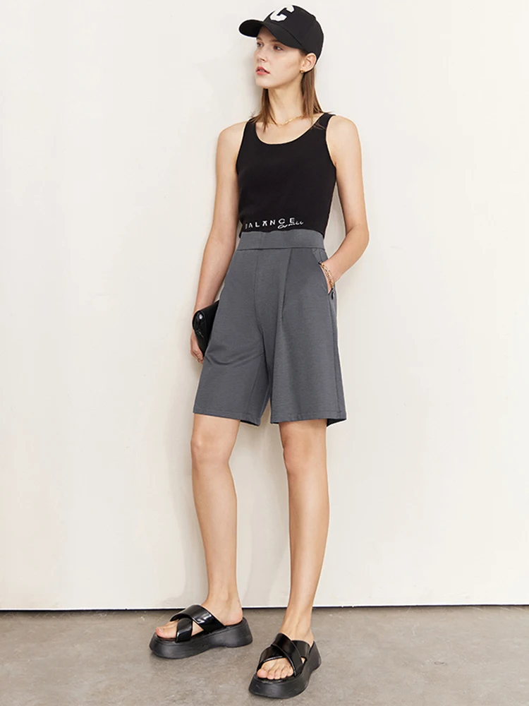 AMII Minimalism Elastic Waist Women's Shorts Shirring Pants 2023 Summer New Casual Black Straight Female Pantalones 12332014