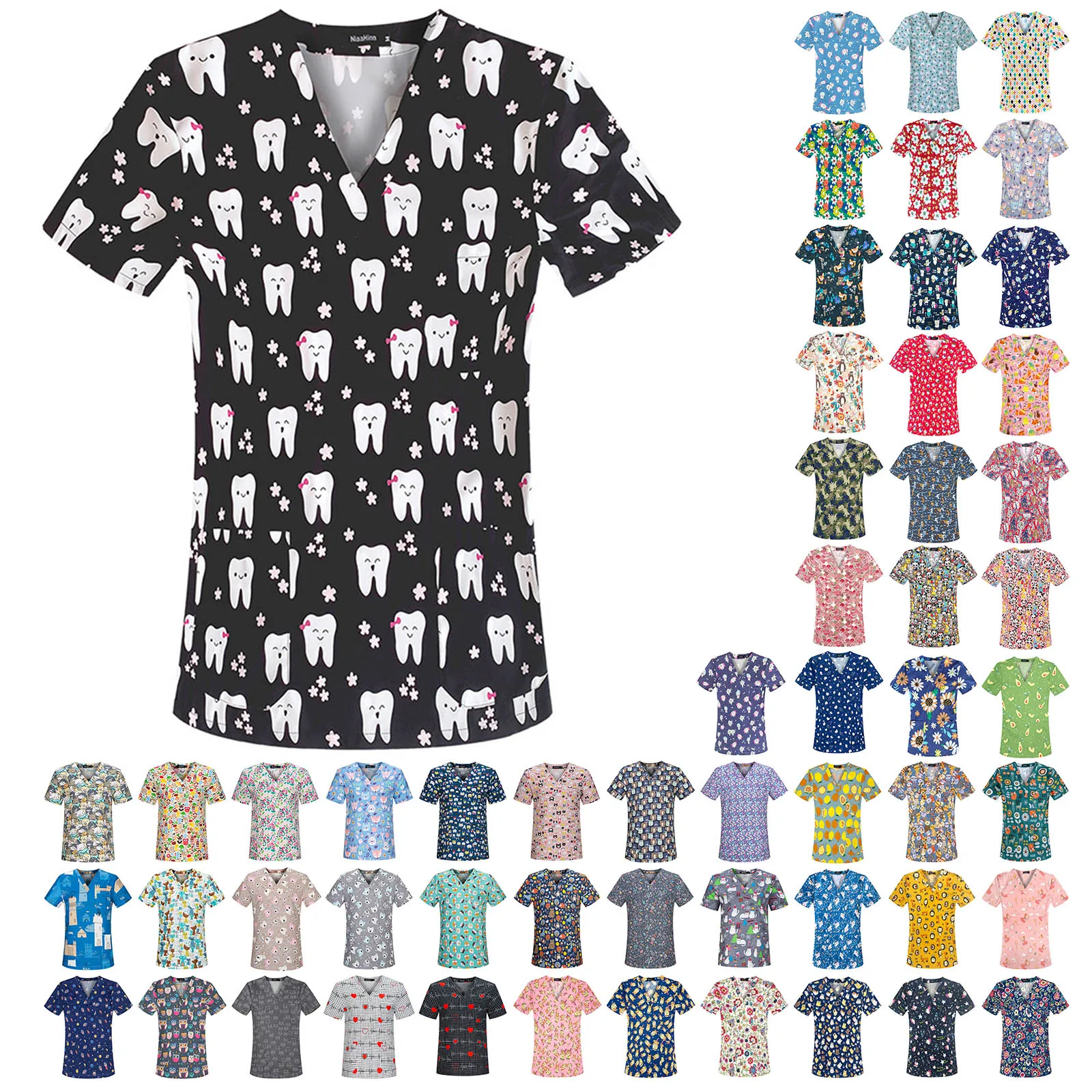 Teeth Print Hospital Working Uniforms Medcine Nursing v-neck blouse Dental 2025 clinic new Uniform Medical Nurse short sleeve Scrub Tops