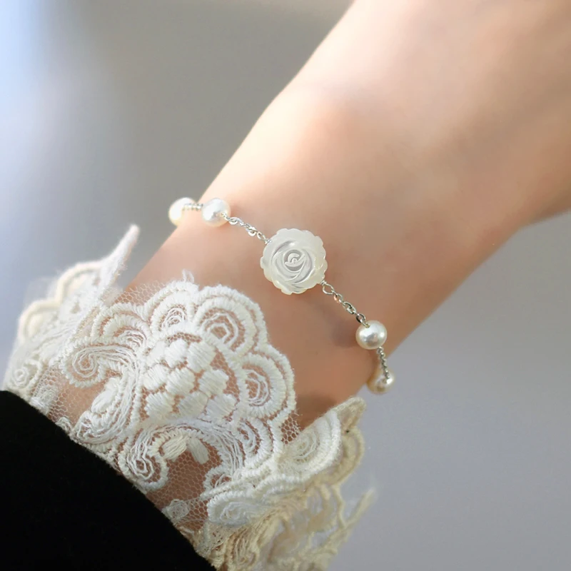 ASHIQI Natural Freshwater Pearl Shell Flower Bracelet 925 Sterling Silver Jewelry for Women New Trend