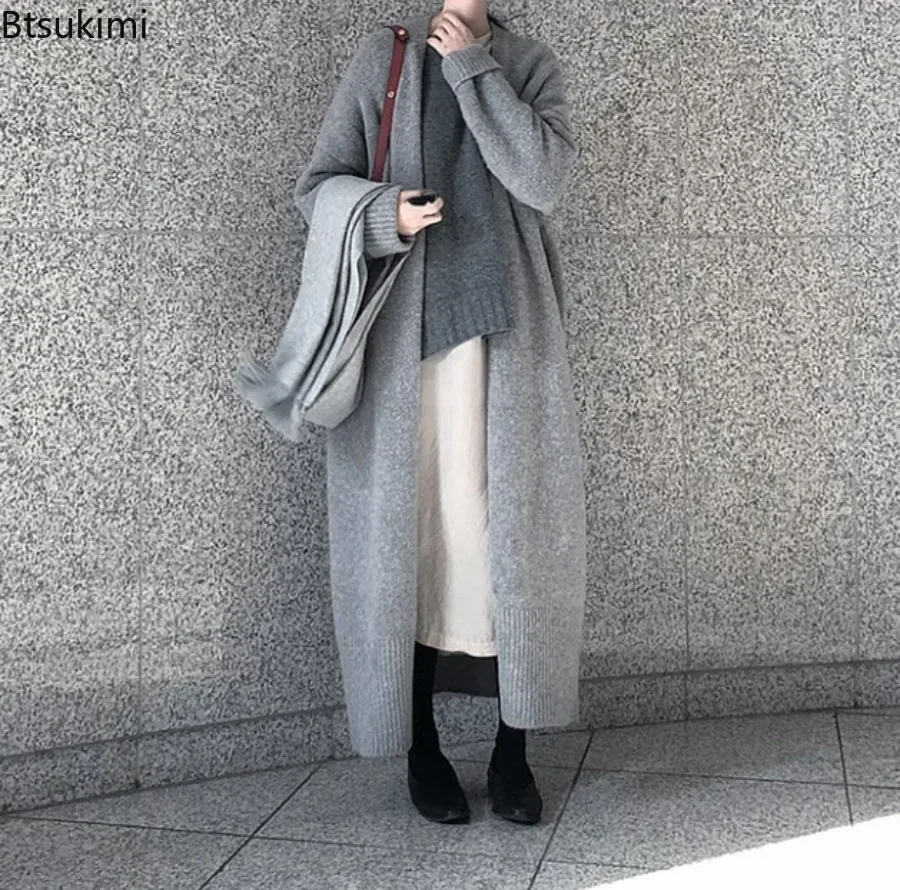 2024 Women's Thick Warm Long Sweater Coat Carfigans Solid Loose Knitted Cardigan Jacket Female Korean Versatile Sweaters Female