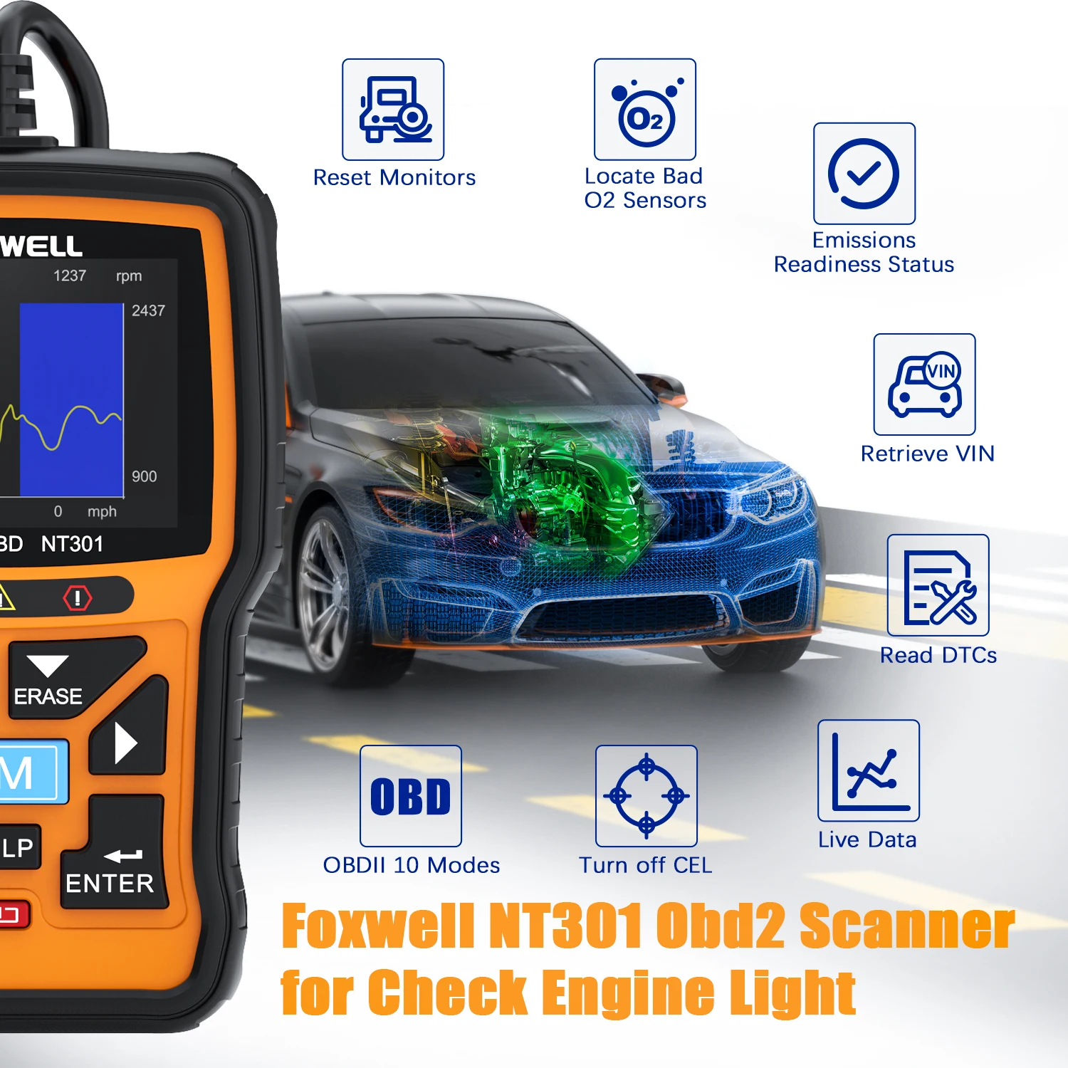 FOXWELL NT301 OBD2 Car Diagnostic Scanner Check Engine Light Code Reader Professional OBD2 Automotive Diagnostic Scan Tools