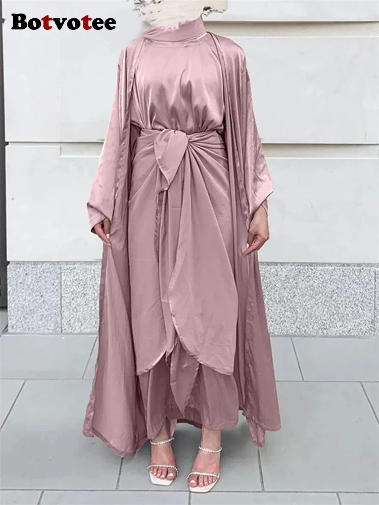 Botvotee Solid 3 Piece Abaya Set for Women 2023 Casual Hijabs Kaftan Open Abaya Vintage Turkish Dubai Long Sleeve Muslim Sets