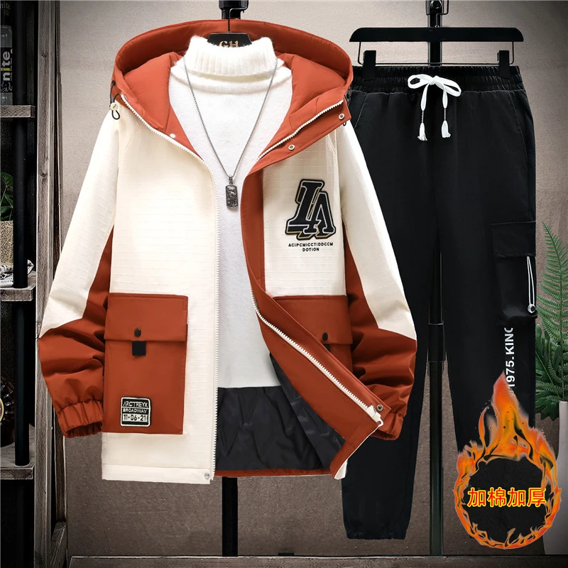 2023 Autumn Winter Men Tracksuit Casual thicken Warm Sportswear Hooded Jackets Pants 2 Piece Sets
