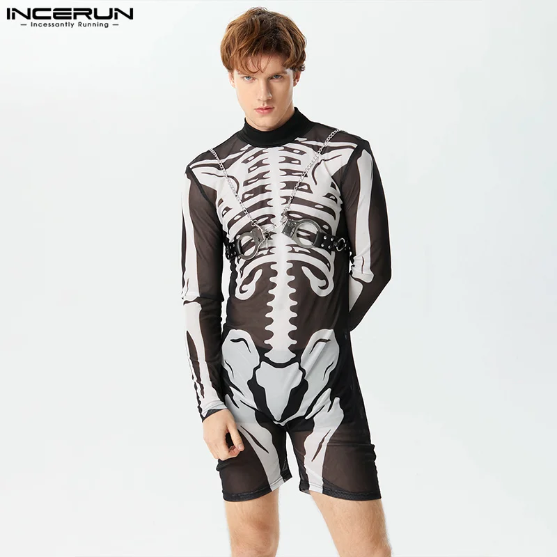 Mesh Rompers 2023 Men's Transparent Turtleneck Long Sleeve Sexy Bodysuits Printing Homewear Male Pamas Jumpsuits S-3XL INCERUN smile