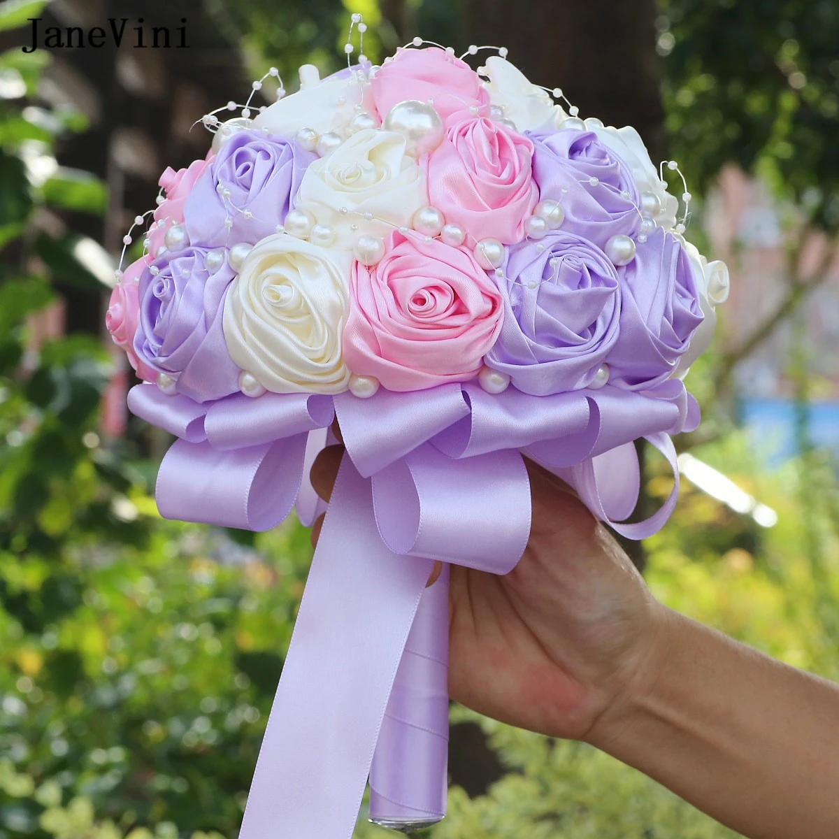 JaneVini Charming Korean Pink Purple Wedding Flowers Bridal Bouquets with Pearls Artificial Satin Roses Bouquet Bride Decoration