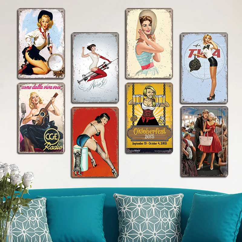 Pin Up Girls Plaque Vintage Metal Tin Signs Sexy Girl Cola Beer Airplane Metal Poster Retro Wall Art Decor for Bar Pub Club Home