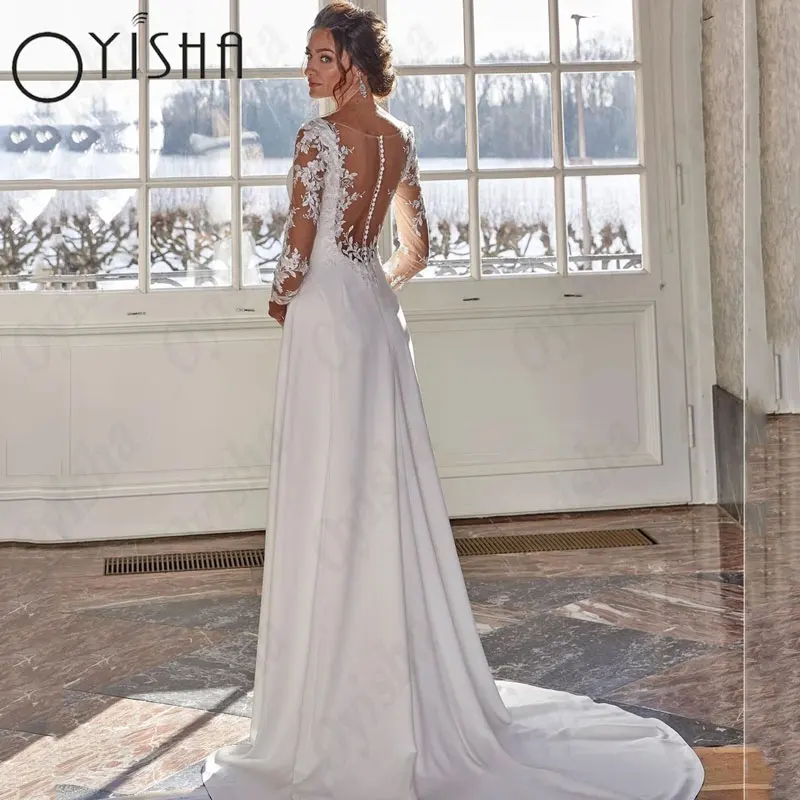 OYISHA Scoop A-Line Wedding Dresses Elegant Long Sleeves Satin Appliques Bridal Gowns Exquisite Lace Classic Vestido De Mariages