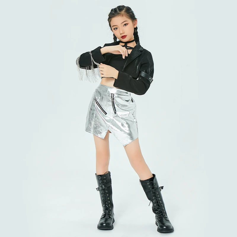Clothing Stage Outfit Kids Modern Street Dance Wear Jazz Costume Fringe Jacket Silver Skirt Girls Hip Hop Performance