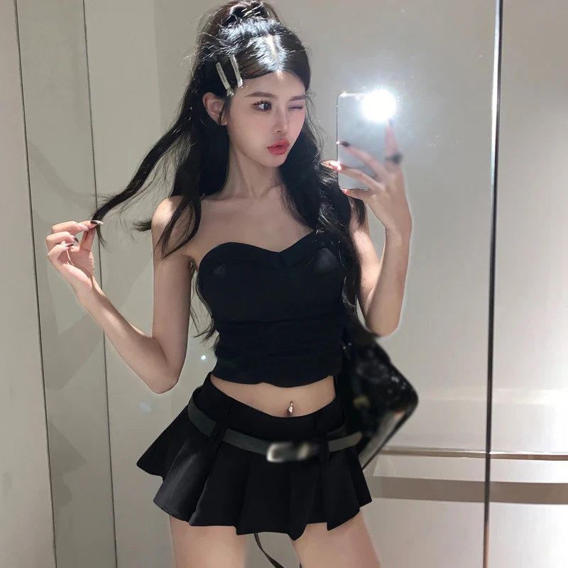 Vintage Gothic Black Mini Cargo Skirt Women Y2k Streetwear Korean Style Low Waist Pleated Skirt With Belt Sexy Micro Skirt Mujer