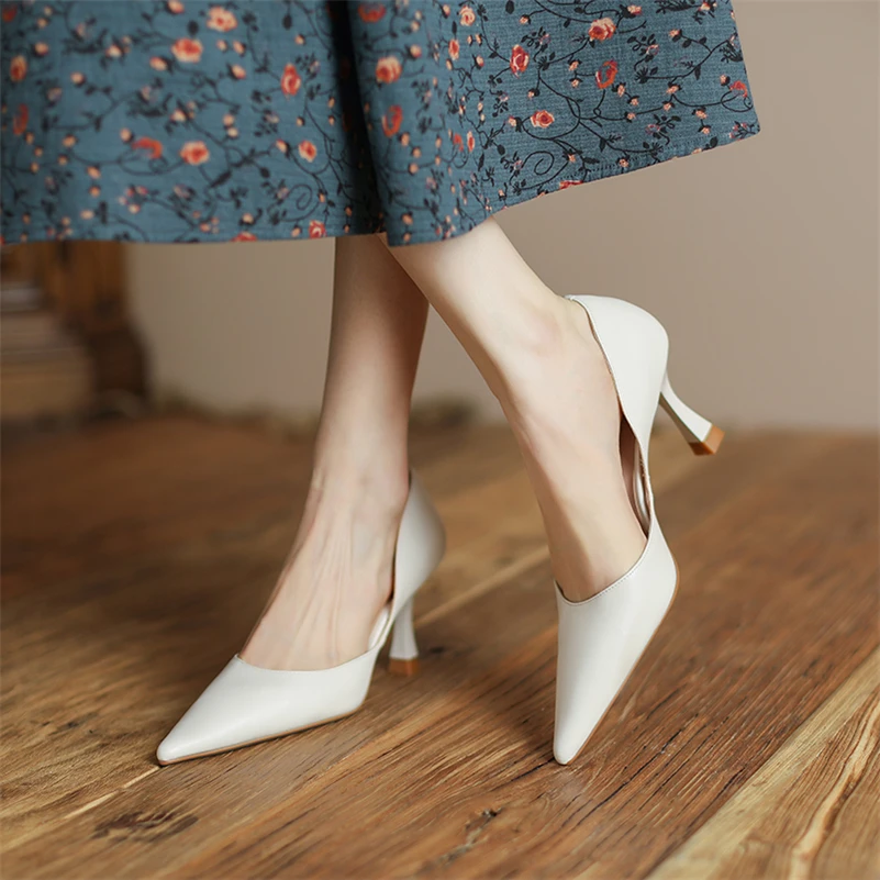 Meotina Women Two-Piece Shoes Genuine Leather High Heel Pointed Toe Pumps Thin Heels Kid Suede Shoes Ladies Autumn Beige 33-40