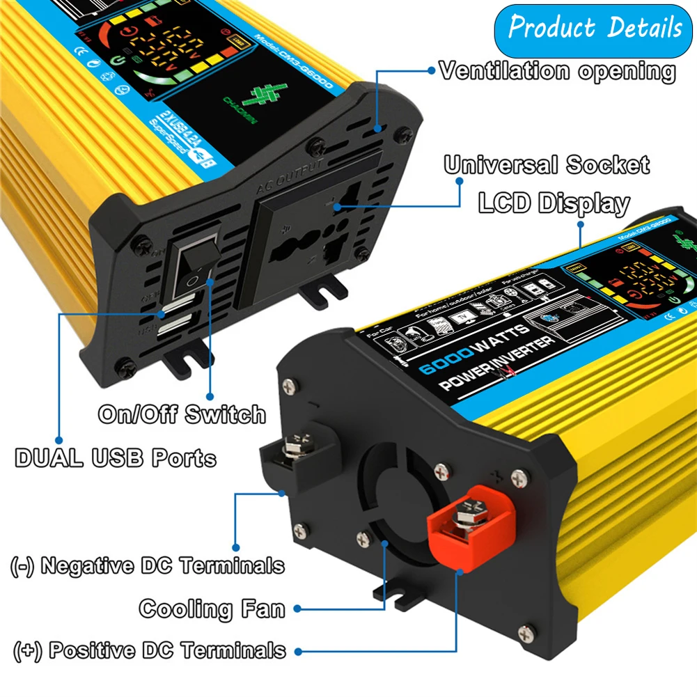 6000W Car Inverter DC 12V To AC 110V 220V Dual USB Intelligent Power Inverter LCD Display Vehicle Smart Inverter for Tablet RV