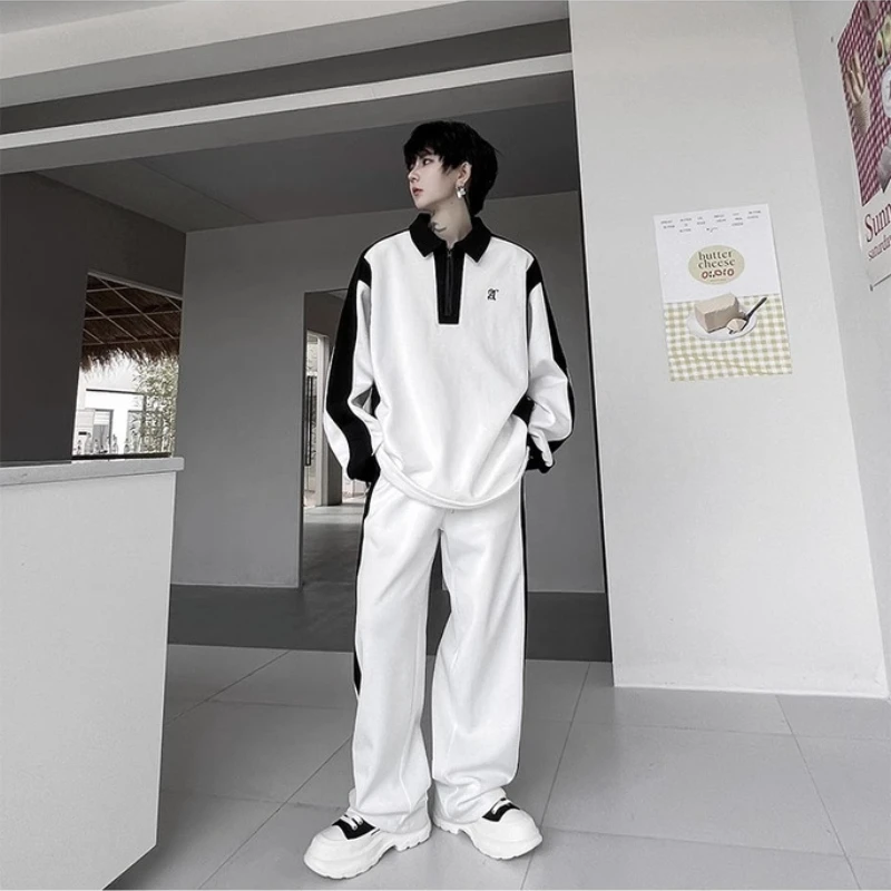 Elegant Black White Color Contrast Sports Shirt Set Long Sleeved Polo Shirt Sweatpants Two Piece Set Casual Handsome Tracksuit