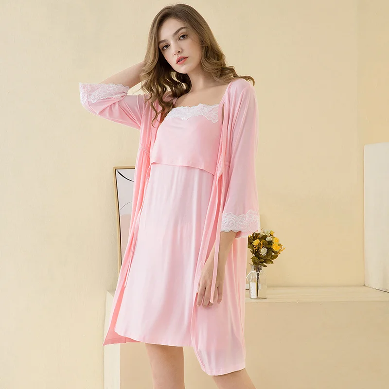 2pcs/set Pregnancy Pajamas Sleepwear Nursing Pregnant Woman Sling Breastfeeding Nightgown Maternity Labor Dress+Robe Childbirth