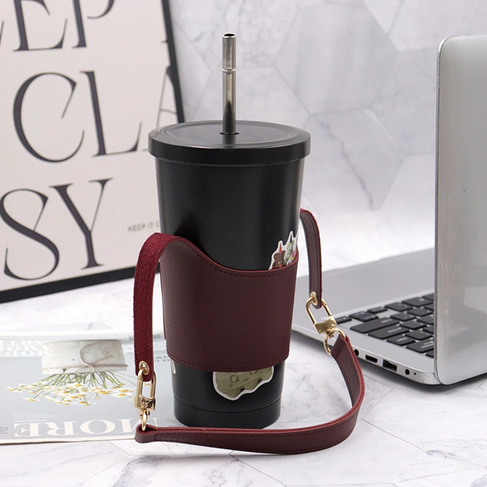 PU Leather Shoulder Crossbody Water Bottle Holder Mug Bag Adjustable Portable Coffee Cup Holder Chain Bottle Cover For Travel