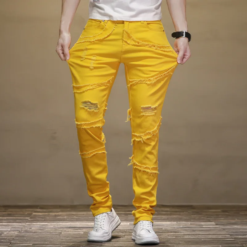 2023 Summer New Men's Stitching Ripped Jeans Yellow Casual Pants Slim Elastic Mid-Waist Small Foot Pants Street Wear