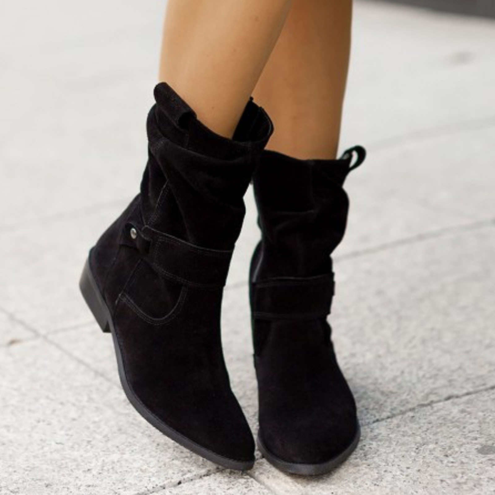 2023 Winter Warm Suede Women Boots Vintage Zipper Shoes Buckle Lady Mid-calf Boot Outdoor Thick Low Heel Female Pointed Booties