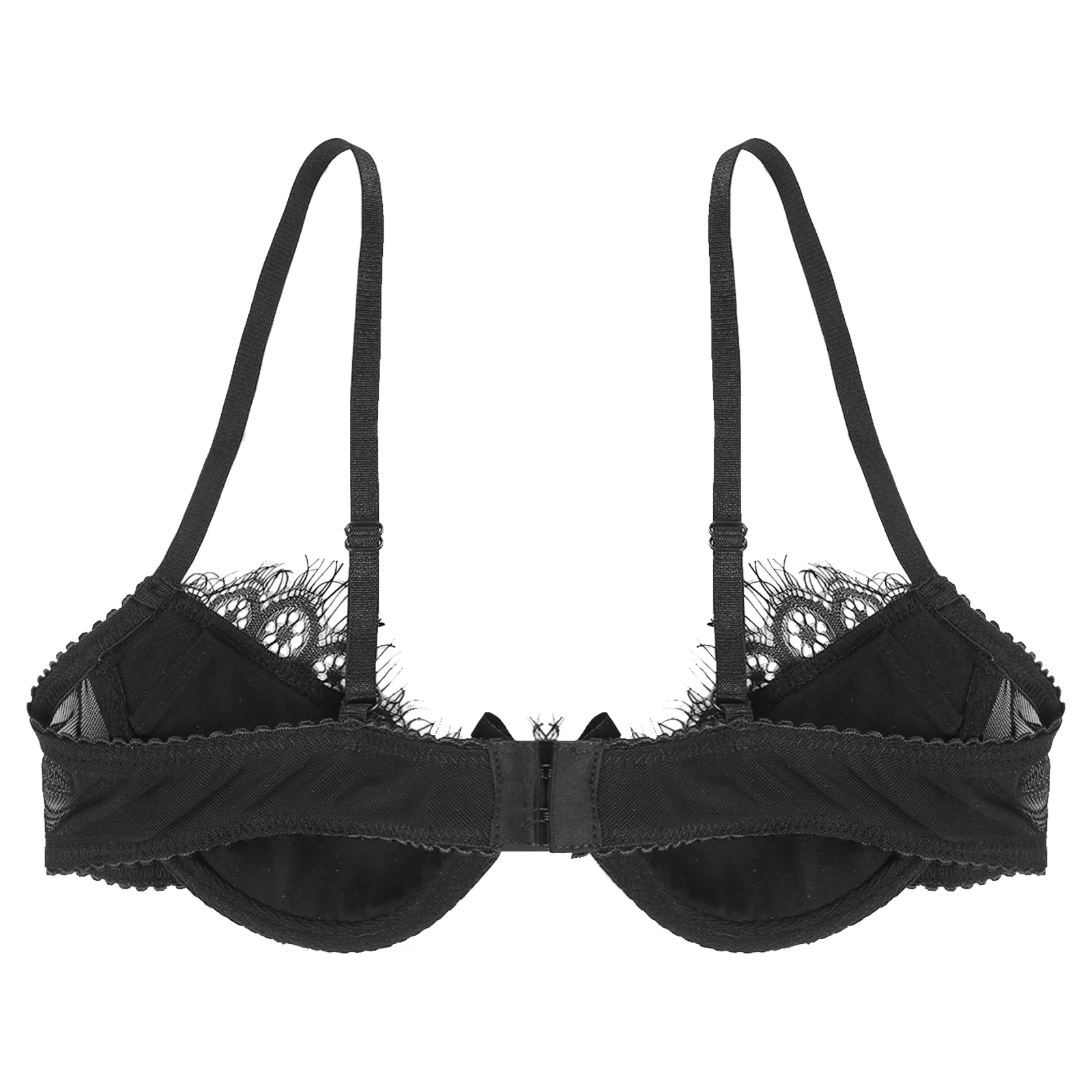 Women's See Through Lace 1/4 Cups Shelf Bra Eyelash Push Up Underwire Bralette Unlined Balconette Brassiere Underwear