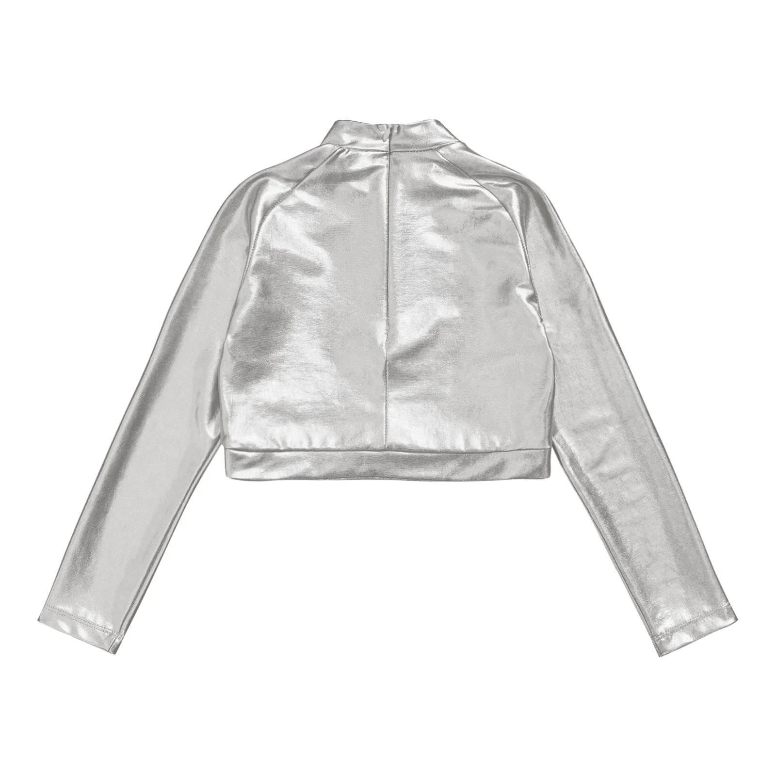 Kids Girls Shiny Metallic Crop Top Mock Neck Long Sleeve Front Sequin Fully Lined Athletic T-Shirts Jazz Hip-hop Dance Tops