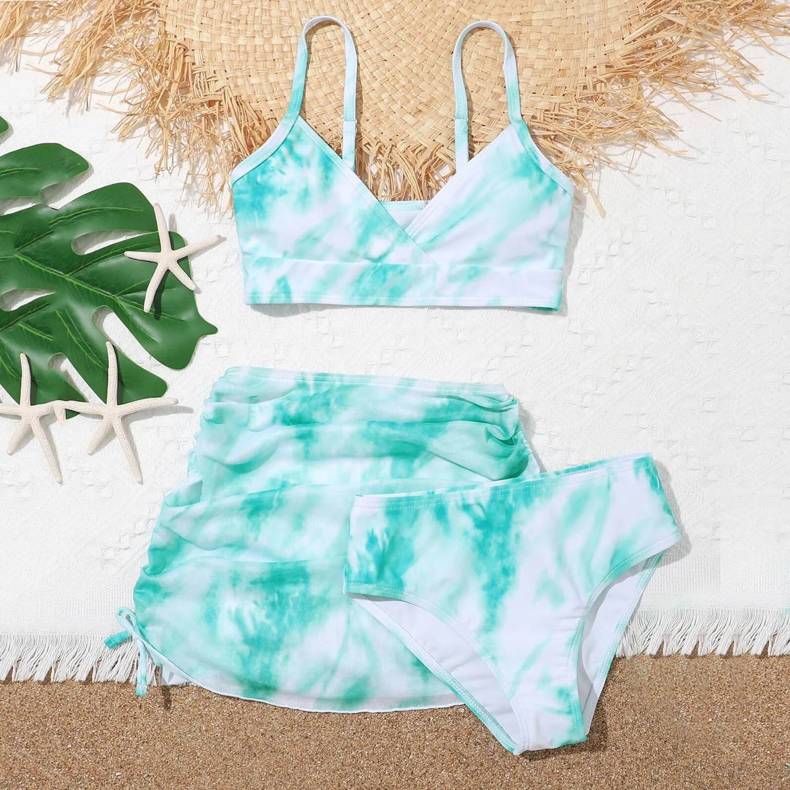 Three Piece Girls Summer Swimwear Printing Dyeing Floral Swimsuit Cute Crisscross Bathing Suit Beachwear Swim 5
