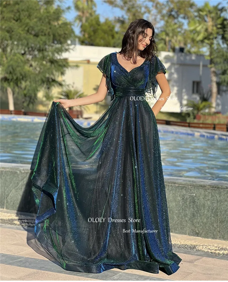OLOEY New Dark Green Shiny Tulle Long Evening Dresses For Women Vintage Square Neck Short Sleeves Glitter Sparkly Prom Gowns