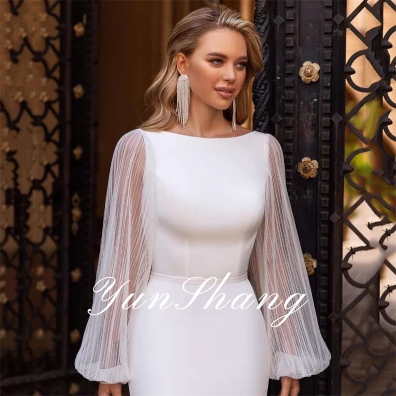 Yunshang Elegant Wedding Dresses Women Mermaid Open Back Long Sleeve Boat Neck Bridal Gown Tulle Sweep Train Vestidos De Novia