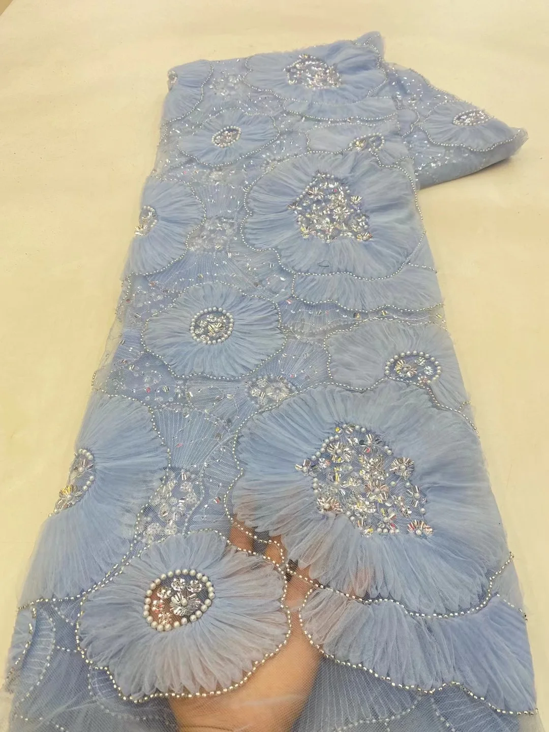 Handmade French Tulle Lace Fabric 2024 High Quality 3D Flower Embroidery African new Beads Lace Fabric 2025 for Women Dresses VXZ5667