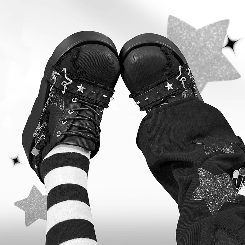 Punk Metal Chain Chunky Platform Ankle Women 2023 Winter Y2K Thick Bottom Denim Boots Woman New Black Gothic Lolita Shoes