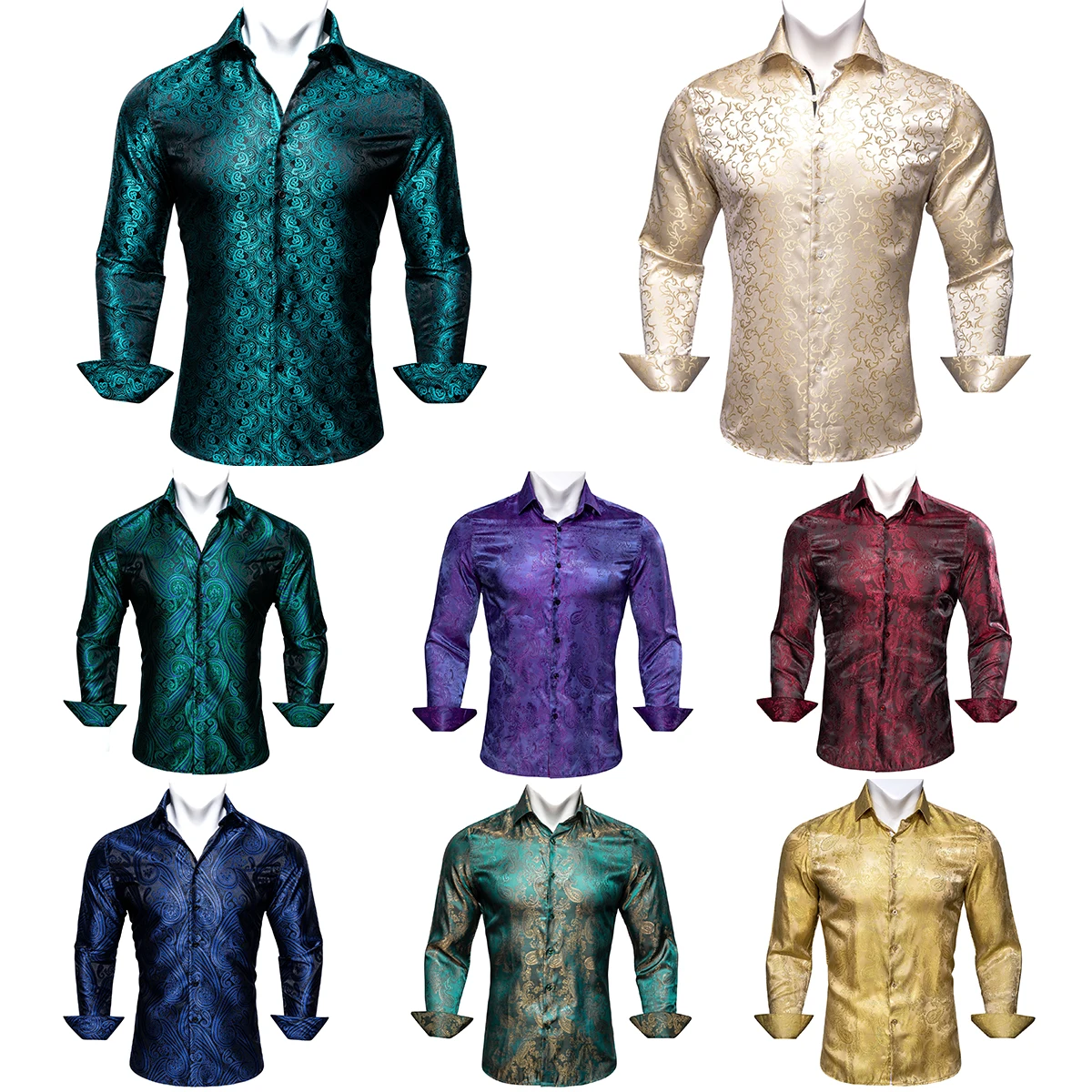 Designer Shirts for Men Silk Blue new 2025 Green Teal Beige Purple Red Gold Yellow Paisley Flower Long Sleeve Regular Spring Autuman Tops