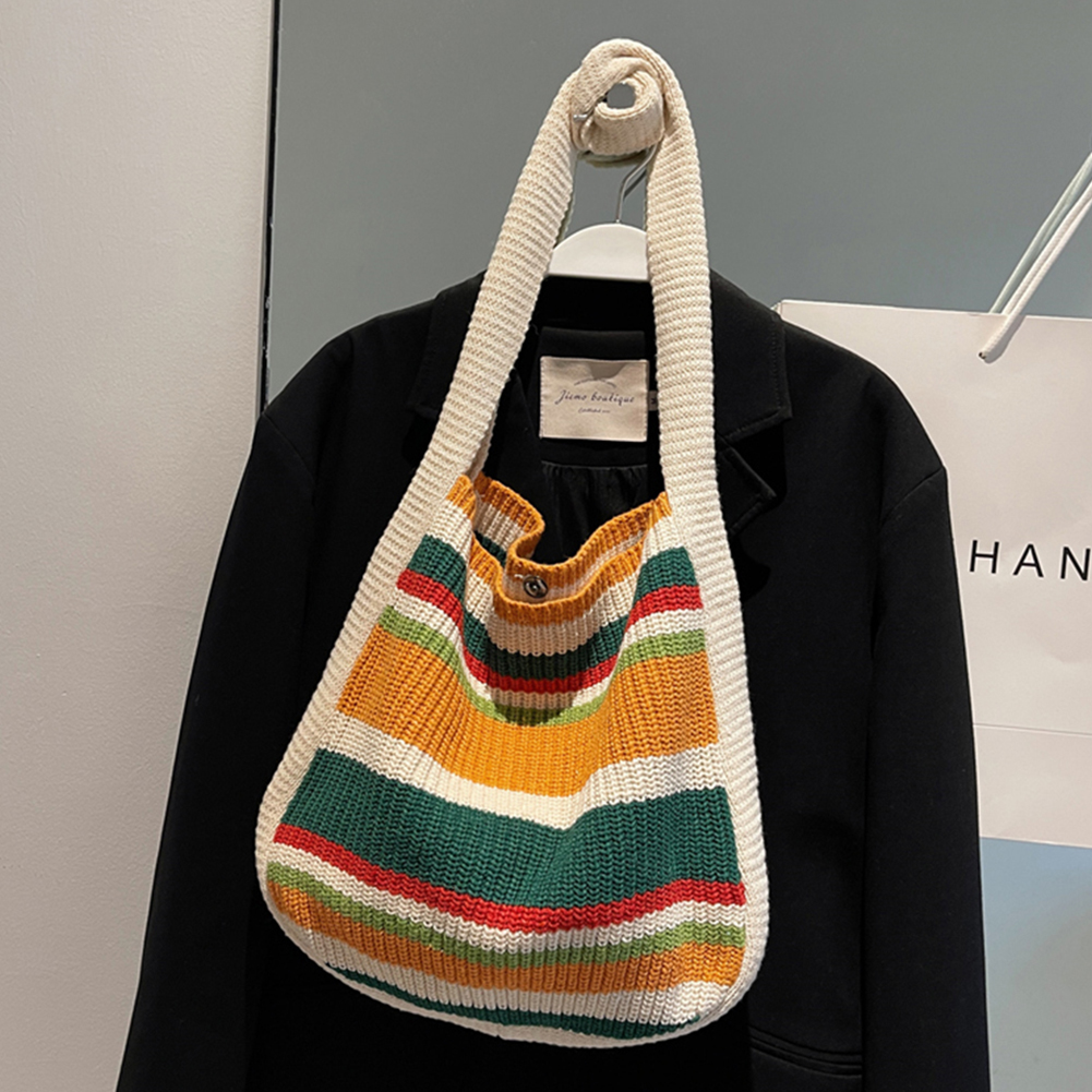 Women Crocheted Shoulder Purse Large Capacity Aesthetics Sling Bag Contrast Color Cute Tote Handags Woven Bag for Female Girls